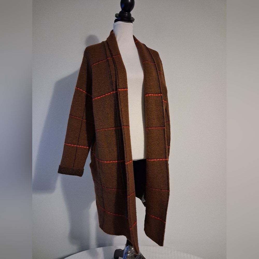 Brown Plaid Open-Front Sweater Size Large